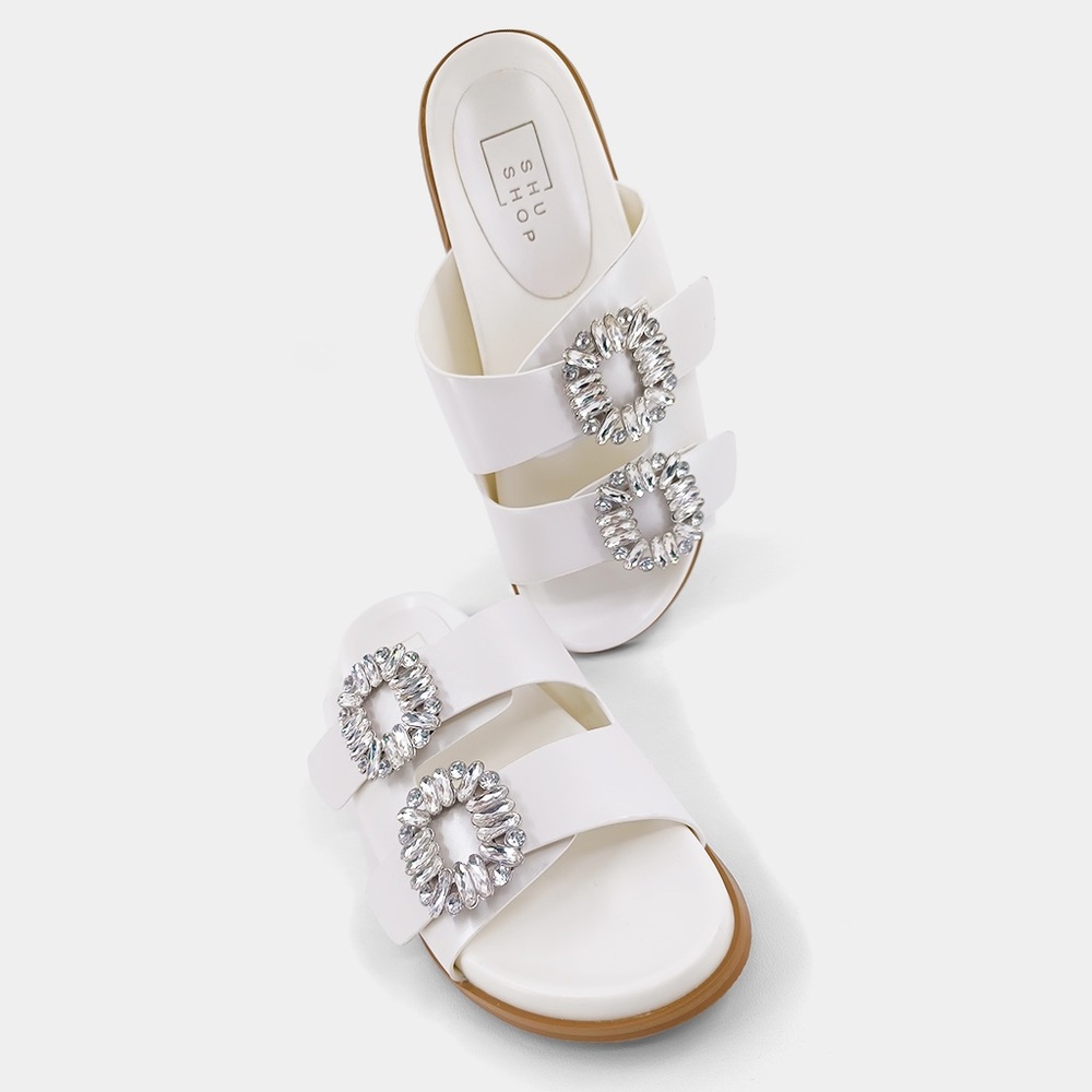 ShuShop White Double-Strap Crystal Buckle Slide Sandals